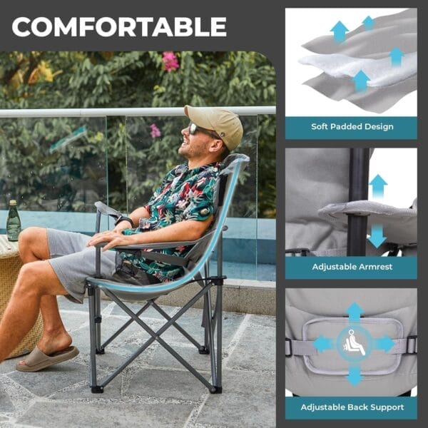 FUNDANGO Folding Camping Chair Heavy Duty, Oversized 440 Lbs Support Outdoor Camp Chairs with Lumbar Support & Cooler Pocket for Fishing Backyard Sports Beach Garden (Grey) - Image 3