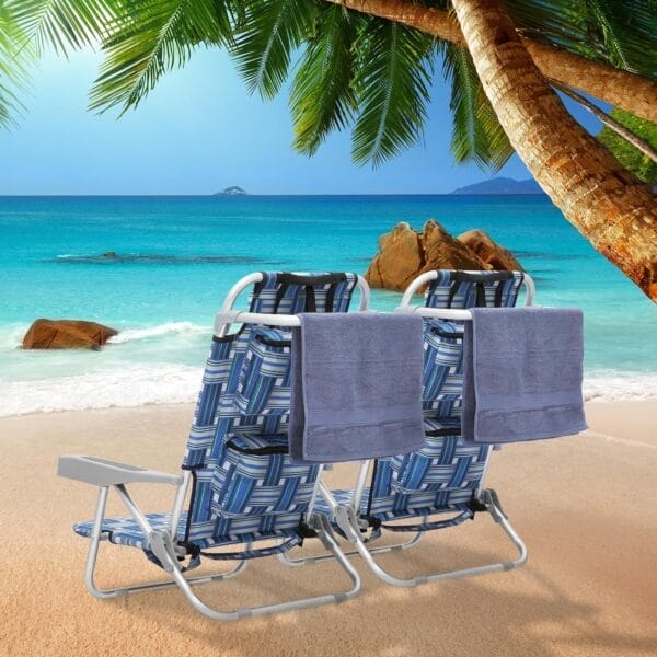 MoNiBloom Low Profile Seat Lightweight Portable Folding Beach Chair with Cup Holder Cooler Bag Heavy-Duty Outdoor Lawn Concert Travel Picnic Hiking Camping Sand Chair for Adults (Blue Stripes, 2-Pack) - Image 2