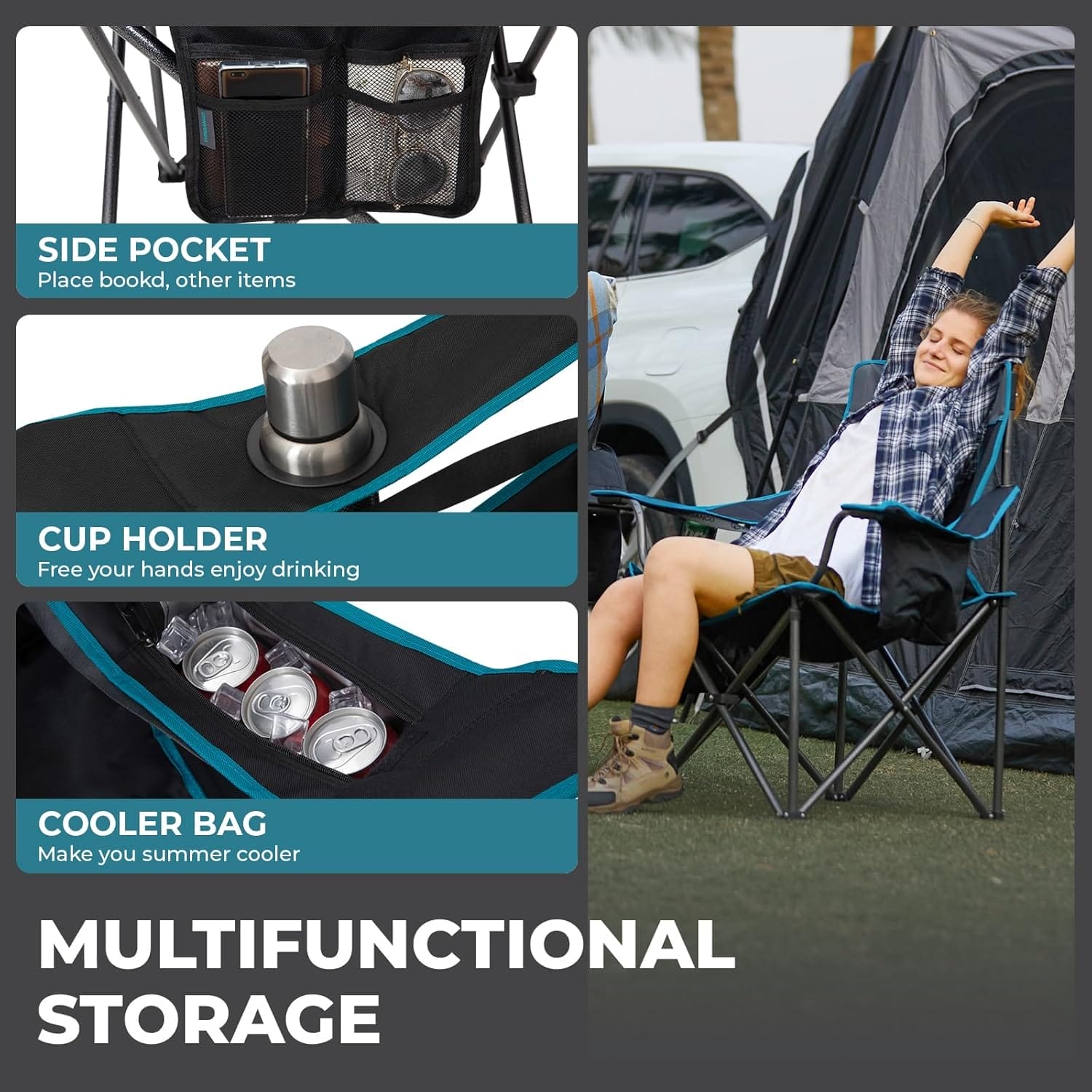 FUNDANGO Oversized Camping Chair for Adults, 550 Lbs Portable Folding Beach Fishing Lawn Chair with Cushion seat & Back, 4-can Cooler&Cup Holder, Carry Bag Included for Outdoor (Black/Grey) - Image 5