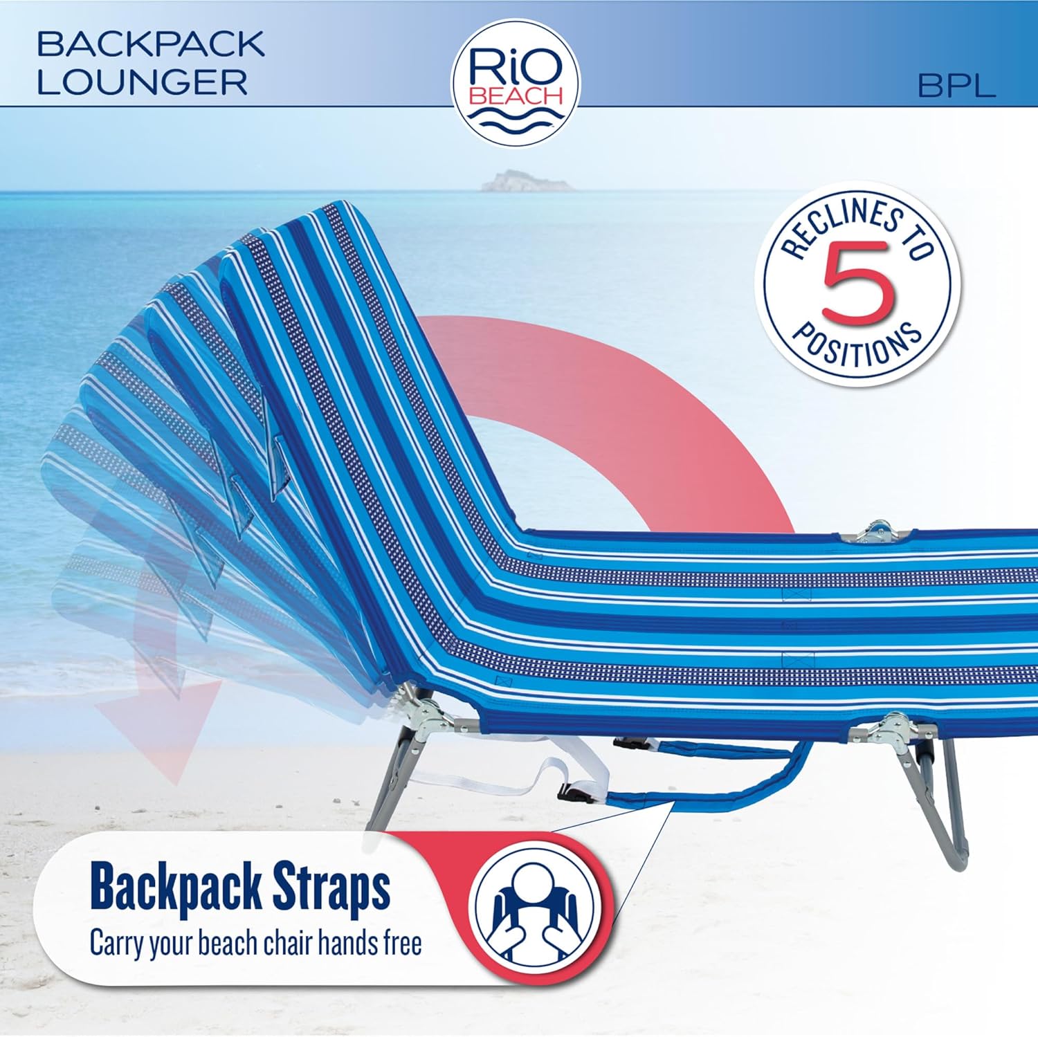 Rio Beach Portable Lay Flat Folding Backpack Beach Lounge Chair with Backpack Straps and Storage Pouch, Blue and Red - Image 4