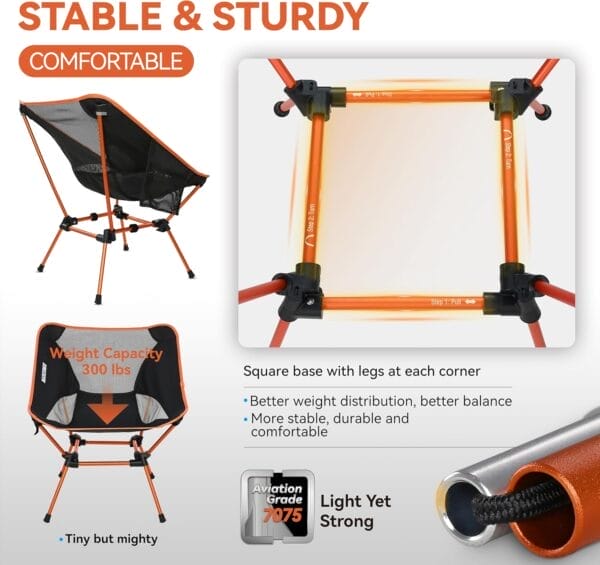 MARCHWAY Ultralight Folding Camping Chair, Heavy Duty Portable Compact for Outdoor Camp, Travel, Beach, Picnic, Festival, Hiking, Lightweight Backpacking (Orange) - Image 4