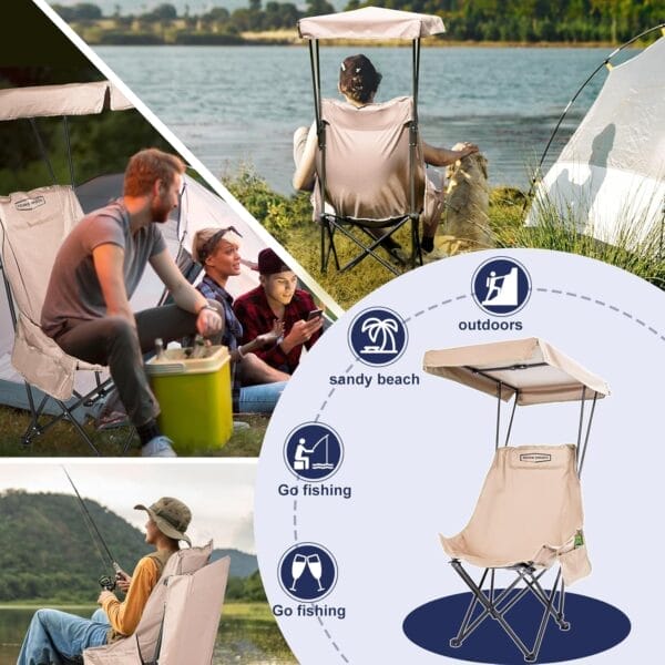 YOUNG WOOD Portable Camping Chair Beach Chair with Shade Canopy, Fold Lightweight Oversized Suit for All, Easy to Open,Close Without Installation, Side Pocket Design for All Outdoor Activities,Khaki - Image 7