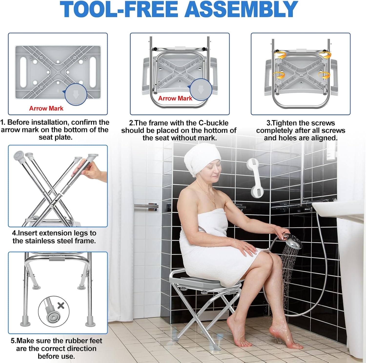 Folding Shower Chair Seat, 17.5" Stainless Steel Small Shower Chair for Inside Shower with Pad, 400lbs Portable Travel Shower Stool, Safety Anti-Slip Bath Chair for Seniors, Disabled, Gray - Image 6