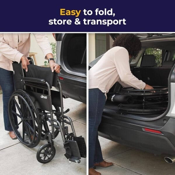 Drive Medical SSP118FA-SF Silver Sport 1 Folding Transport Wheelchair with Full Arms and Removable Swing-Away Footrest, Black - Image 5