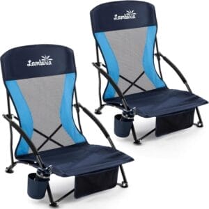 Lamberia Folding Beach Chair for Adults 2 Pack, Portable Low Beach Chairs with 300lbs Capacity, Lightweight Fodable Camping Chair for Travel, Picnic, Concert & Outdoor Activities, Navy Blue