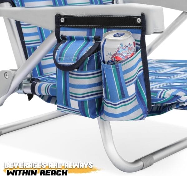 MoNiBloom Low Profile Seat Lightweight Portable Folding Beach Chair with Cup Holder Cooler Bag Heavy-Duty Outdoor Lawn Concert Travel Picnic Hiking Camping Sand Chair for Adults (Blue Stripes, 2-Pack) - Image 9