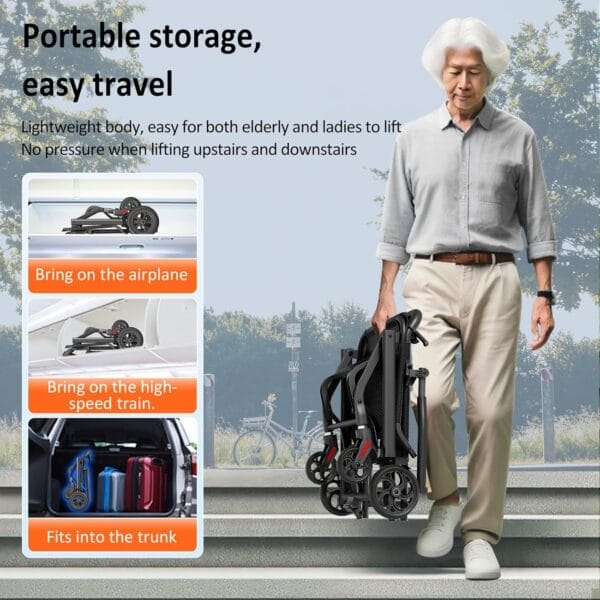 24LBS Lightweight Foldable Transport Wheelchair for Adults & Seniors Portable Aluminum Travel Chair with Handbrake 9" Honeycomb Tires Compact Wheelchair Holds 220 LBS, Black, 15.6" Seat Width - Image 6