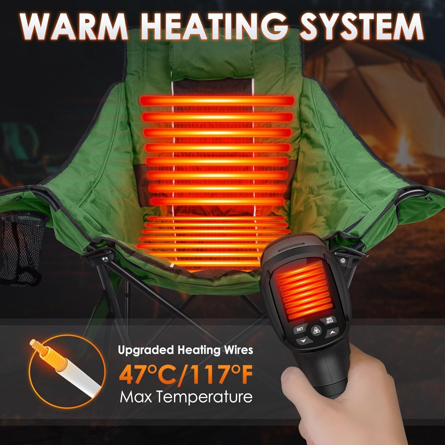 Suteck Heated Rocking Camping Chair, XL Oversized Rocking Chair Outdoor with 3 Heat Levels for Back and Seat, Heated Chairs Outdoor Sports for Patio Lawn Picnic Travel, Power Bank（Not Included） - Image 6