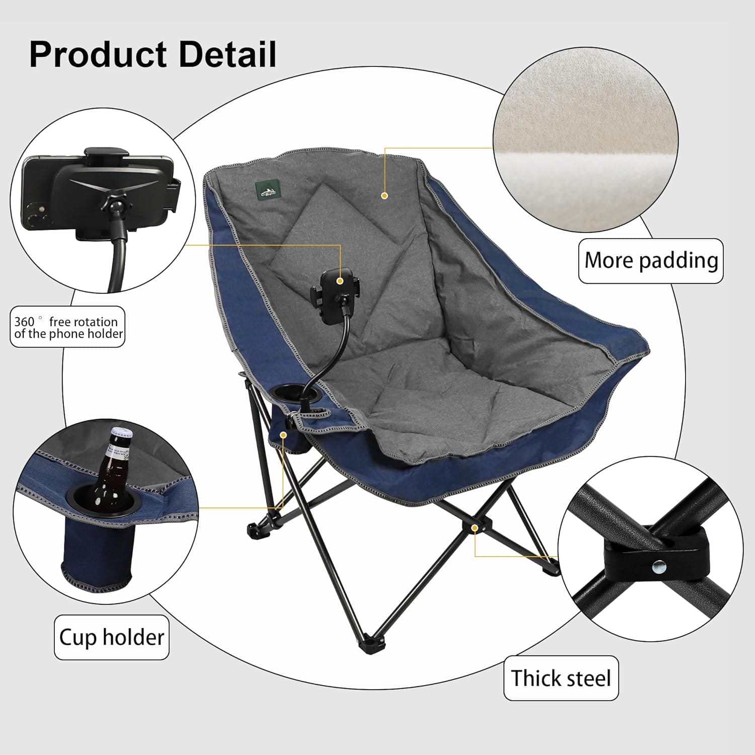 Oversized Foldable Camping Chair with Cell Phone Holder,Outdoor Padded Lawn Chair w/Cup Holder,Carry Bag for Beach, Hiking, and Picnics,Heavy-Duty 300-lbs Capacity, Blue - Image 4