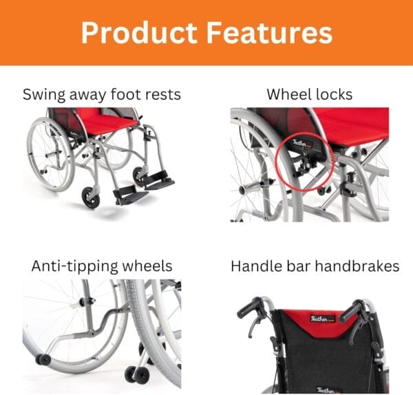 Feather Mobility - Red Cushion 13.5lb Silver Frame Lightweight Folding Wheelchair - Seat Width 18" with Swingaway Legrests, Anti-tippers, and Quick Release Wheels - Image 6