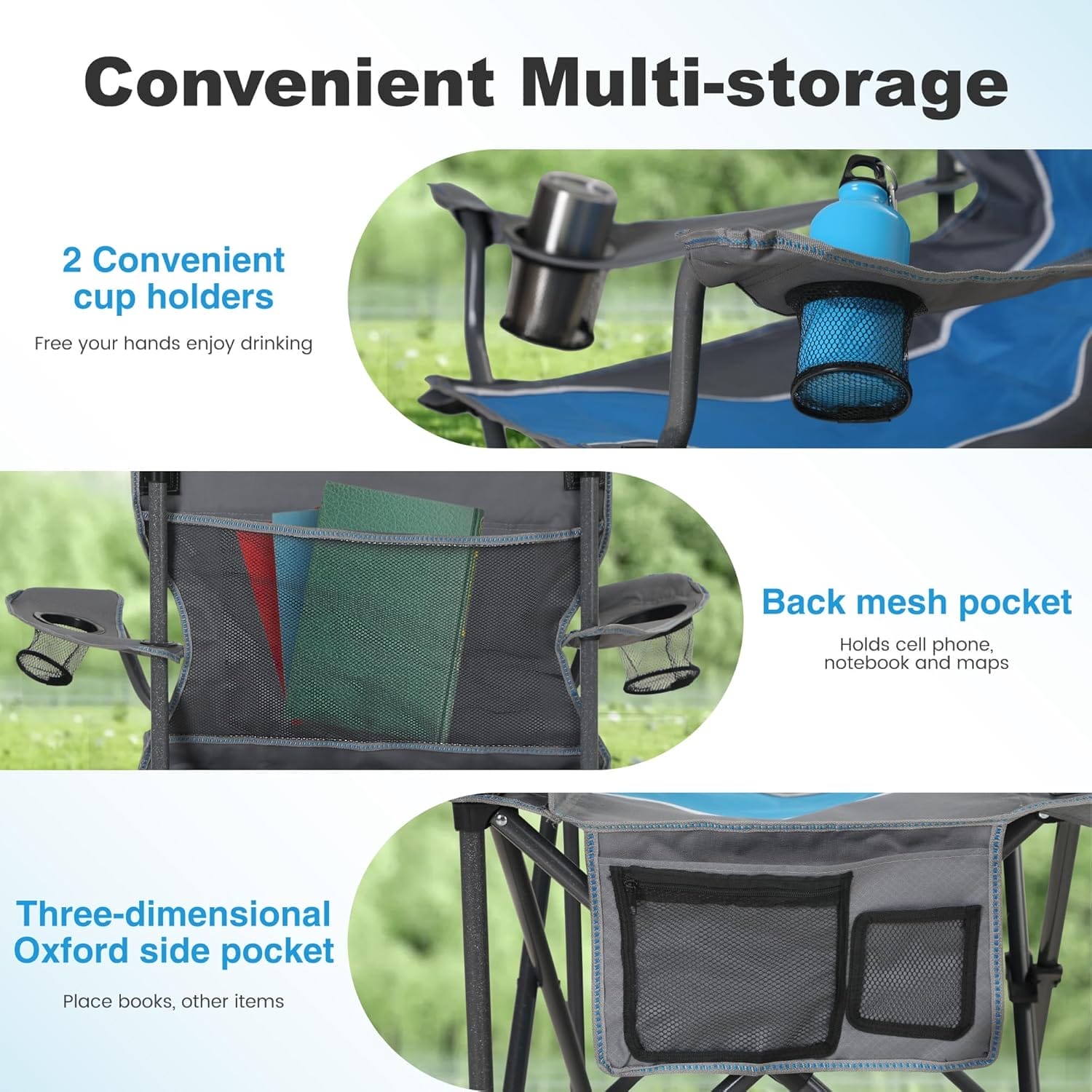 LET'S CAMP Oversized Outdoor Folding Camping Chair, 2 Pack Heavy Duty Arm Chairs with Cup Holder and Storage Bag, 350 LBS Weight Capacity, Blue - Image 7