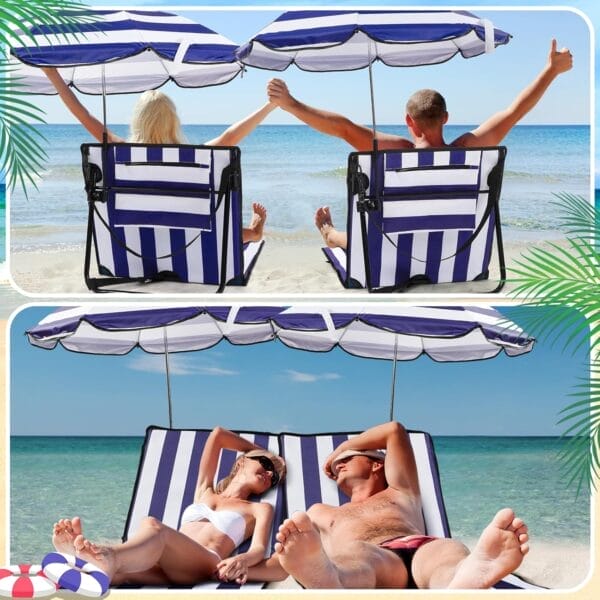 2 Set Beach Chairs with Umbrella Portable Beach Lounger Lightweight Foldable Outdoor Lounger Chair for Adult Outdoor Travel Sunbathing Camping Easy to Fold and Carry (Dark Blue,Stripe Style) - Image 5