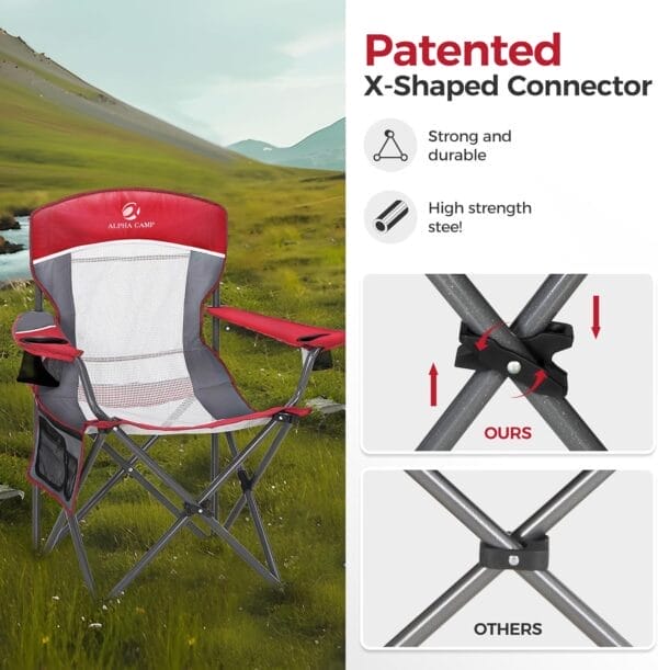 ALPHA CAMP 2PC Oversized Mesh Back Camping Folding Chair Heavy Duty Support 350 LBS Collapsible Steel Frame Quad Chair Padded Arm Chair with Cup Holder Portable for Outdoor (Red-2PC) - Image 4