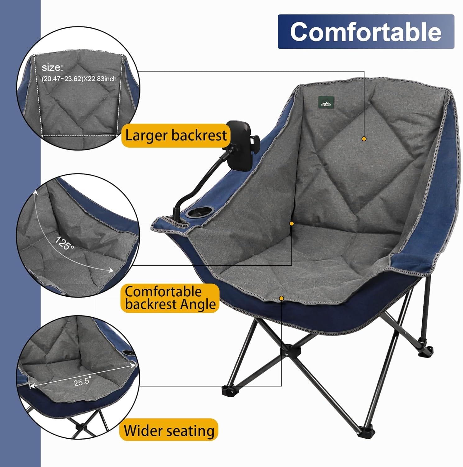 Oversized Foldable Camping Chair with Cell Phone Holder,Outdoor Padded Lawn Chair w/Cup Holder,Carry Bag for Beach, Hiking, and Picnics,Heavy-Duty 300-lbs Capacity, Blue - Image 5