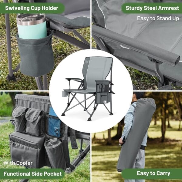 TIMBER RIDGE Oversized Folding Camping Chair with Lumbar Support Adjustable High Back Heavy Duty for Adults Support up to 500lbs with Cup Holder, Cooler Bag, Side Pocket, Grey - Image 6