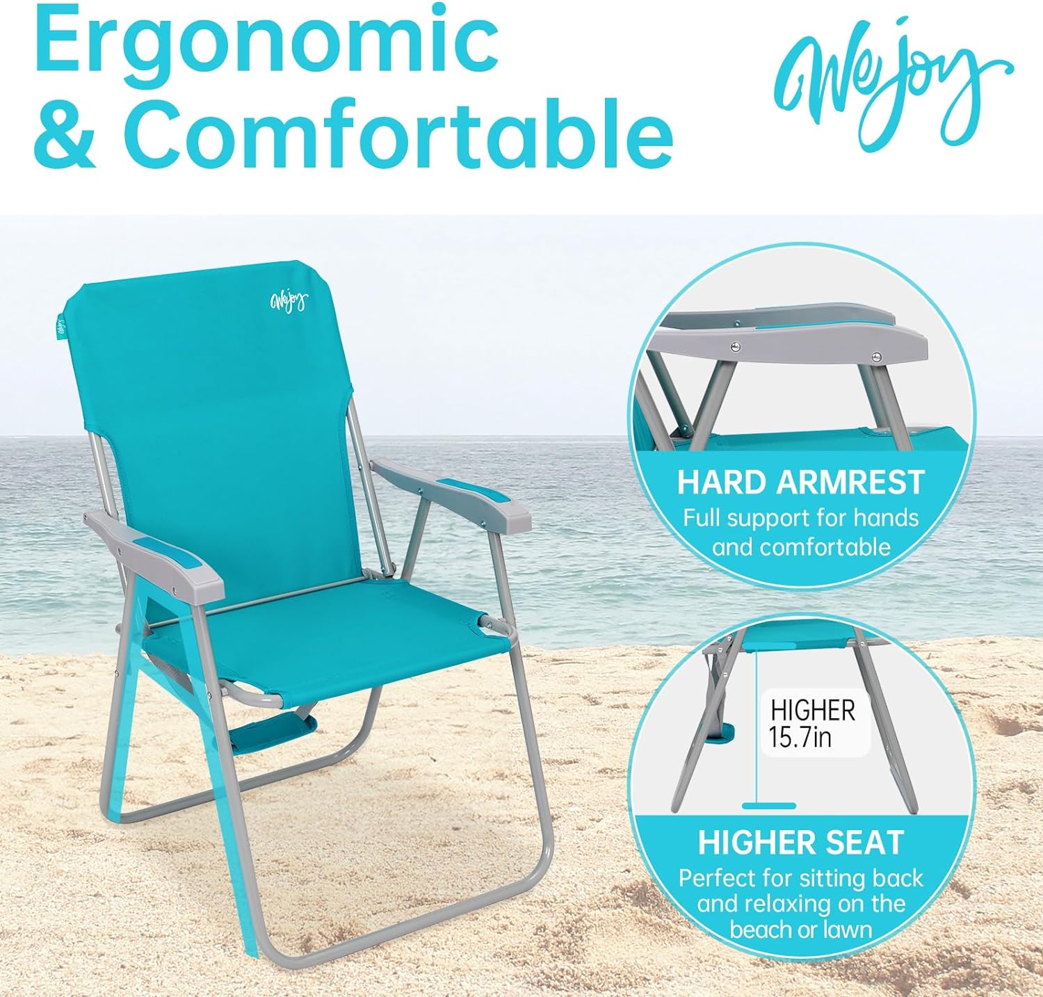 #WEJOY Folding Beach Chair for Adults, Lightweight Beach Chair with Shoulder Straps, High Back Beach Chairs with Hard Armrest, Supports 300lbs for Beach Lawn Concert - Image 4