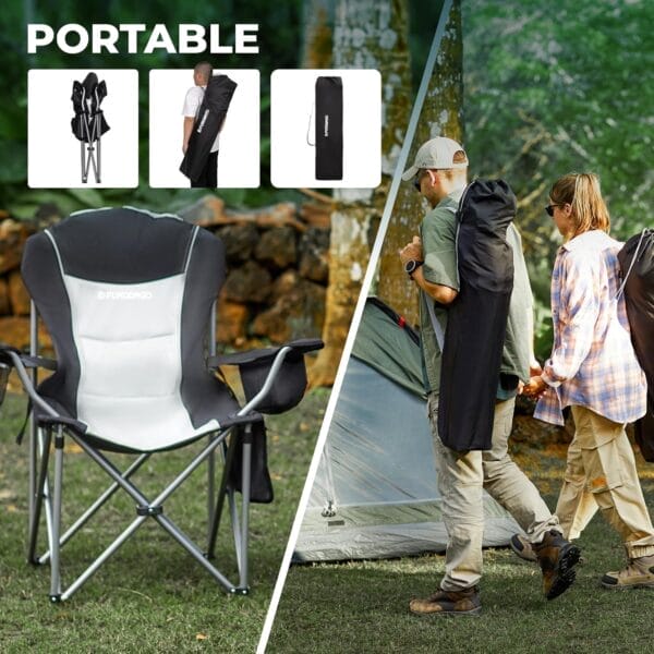 FUNDANGO Folding Camping Chair Heavy Duty, Oversized 440 Lbs Support Outdoor Camp Chairs with Lumbar Support & Cooler Pocket for Fishing Backyard Sports Beach Garden (Black/Grey) - Image 6