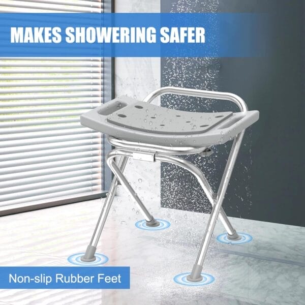 Folding Shower Chair Seat, 17.5" Stainless Steel Small Shower Chair for Inside Shower with Pad, 400lbs Portable Travel Shower Stool, Safety Anti-Slip Bath Chair for Seniors, Disabled, Gray - Image 5