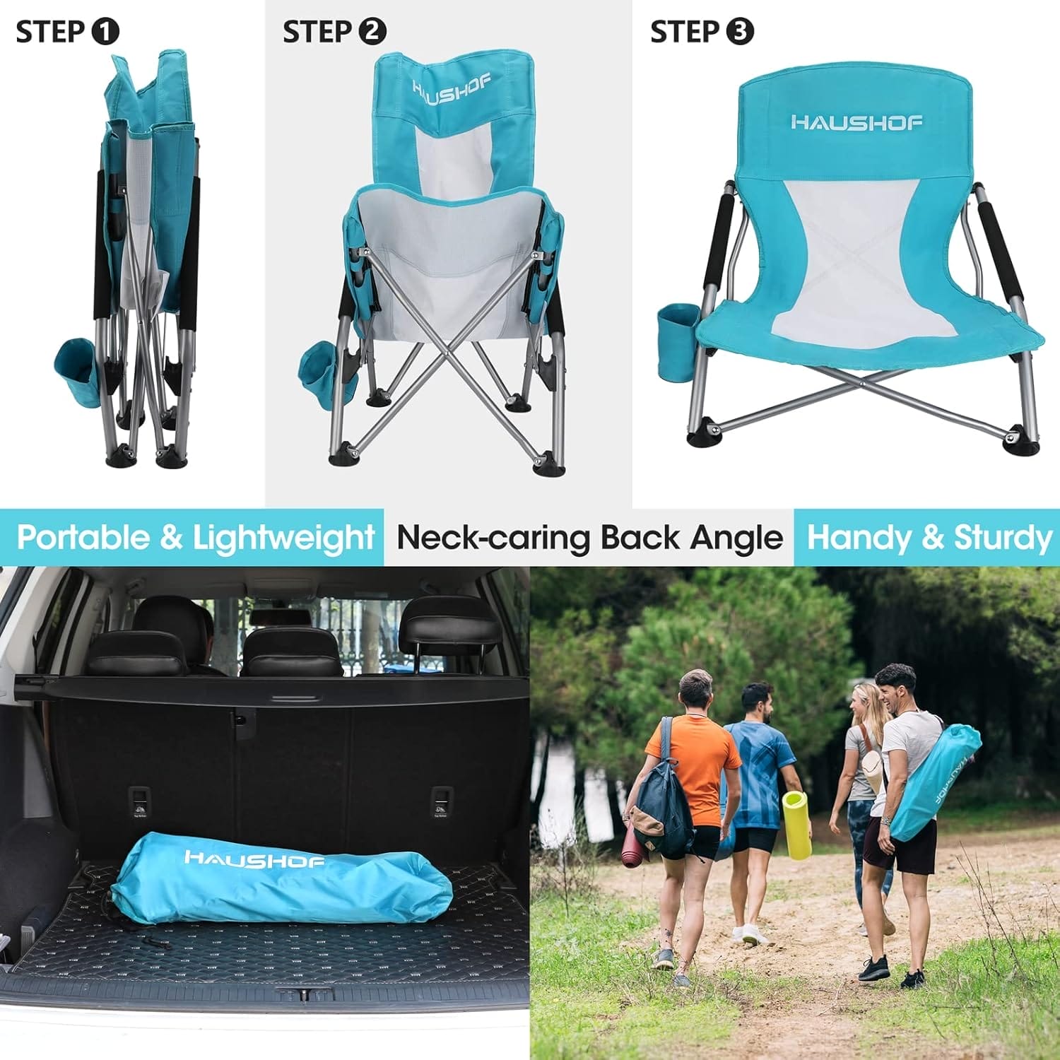 HAUSHOF Low Beach Chair, Mesh Back Folding Chair, Lightweight Low Seat Camping Chairs with Cup Holder, Carry Bag, Padded Armrest, for Outdoor Beach Lawn Camping Picnic Festival - Image 6