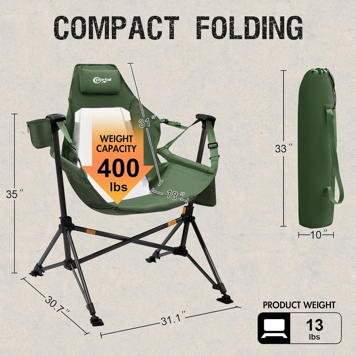 PORTAL Hammock Camping Chair, Portable Outdoor Swinging Chairs, Rocking Chair for Adults with Adjustable Back and Height for Lawn, Backyard, Patio, Supports 400 lbs, Breathable Mesh High Back, Green - Image 3