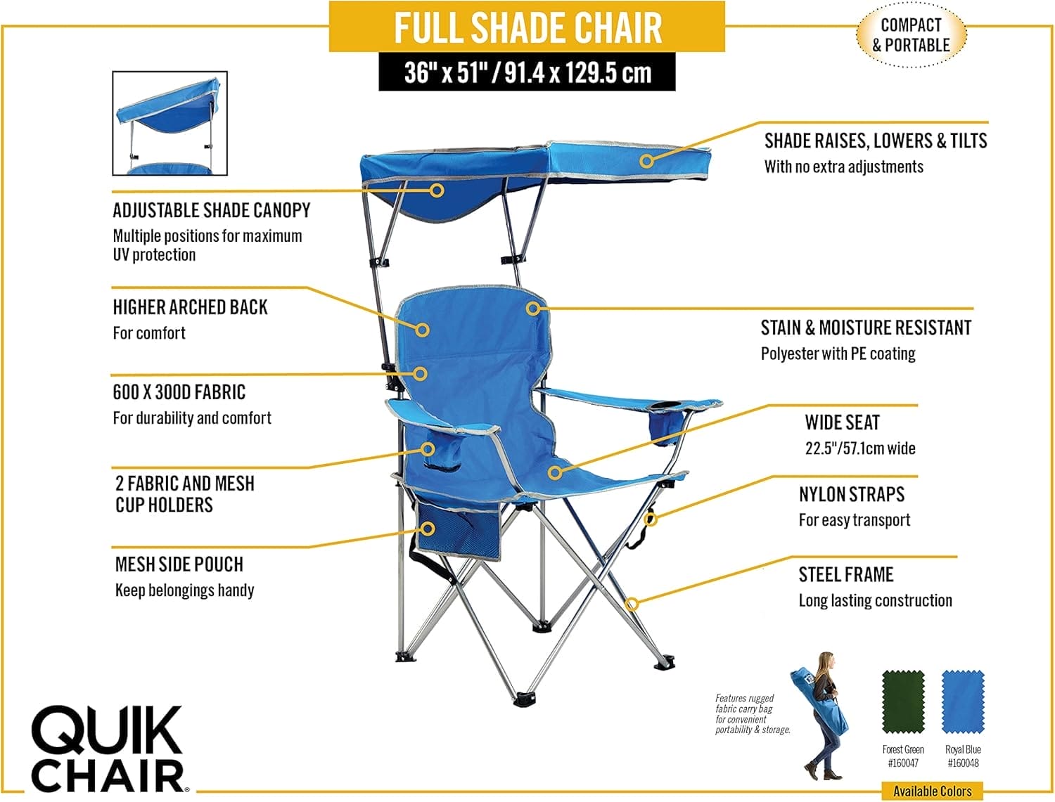 Quik Shade Full Size Shade Folding Chair for Camping, Polyester, Arm Rest|Foldable, Royal Blue, 2'L x 3'W x 4.3'H (160048DS) - Image 4