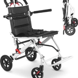 Ultra-Lightweight Portable Transport Wheelchair Foldable Travel Wheelchairs with Handbrake for Adults and Seniors(White)