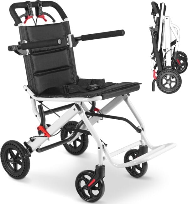 Ultra-Lightweight Portable Transport Wheelchair Foldable Travel Wheelchairs with Handbrake for Adults and Seniors（White）