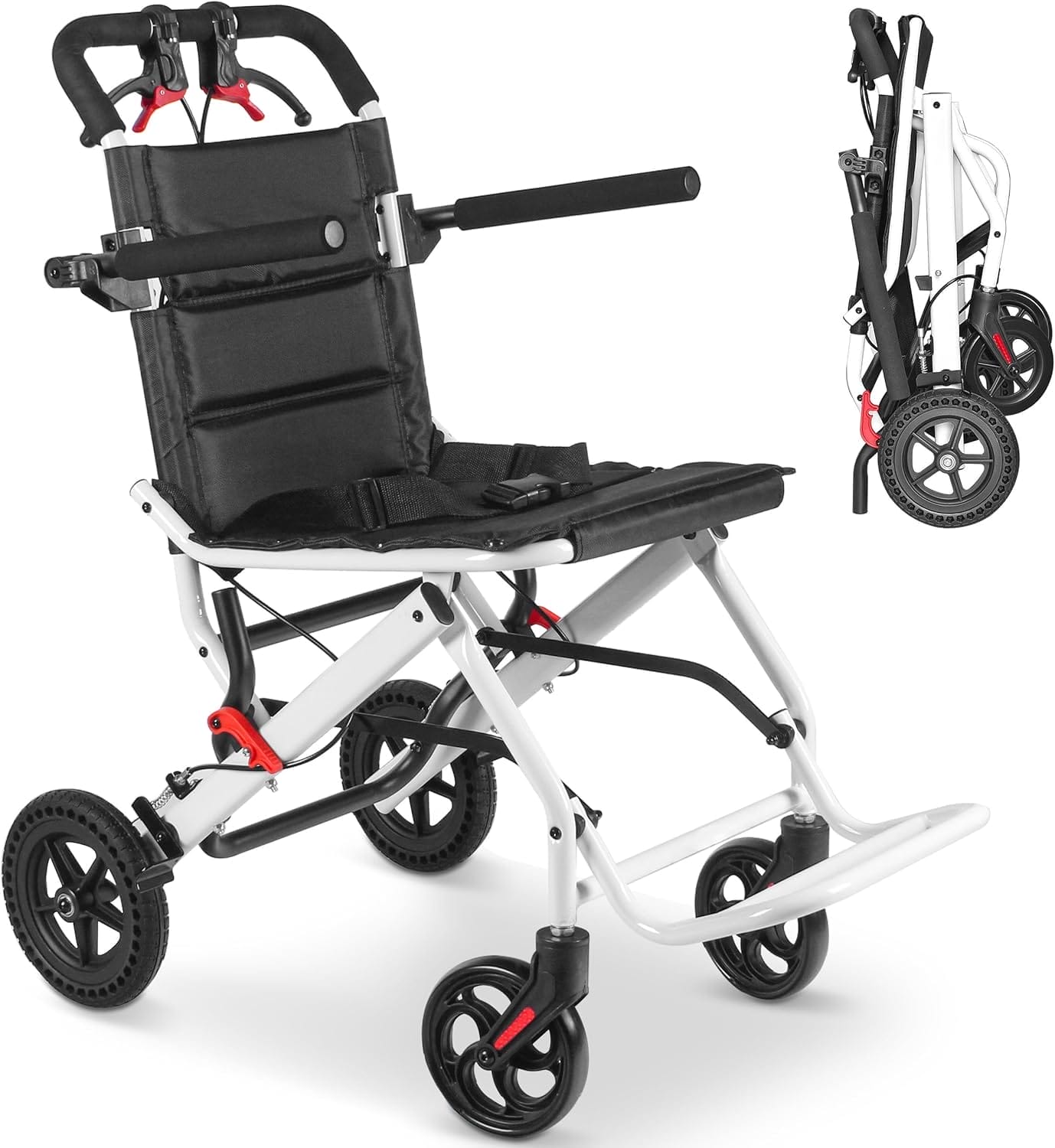 Ultra-Lightweight Portable Transport Wheelchair Foldable Travel Wheelchairs with Handbrake for Adults and Seniors（White）