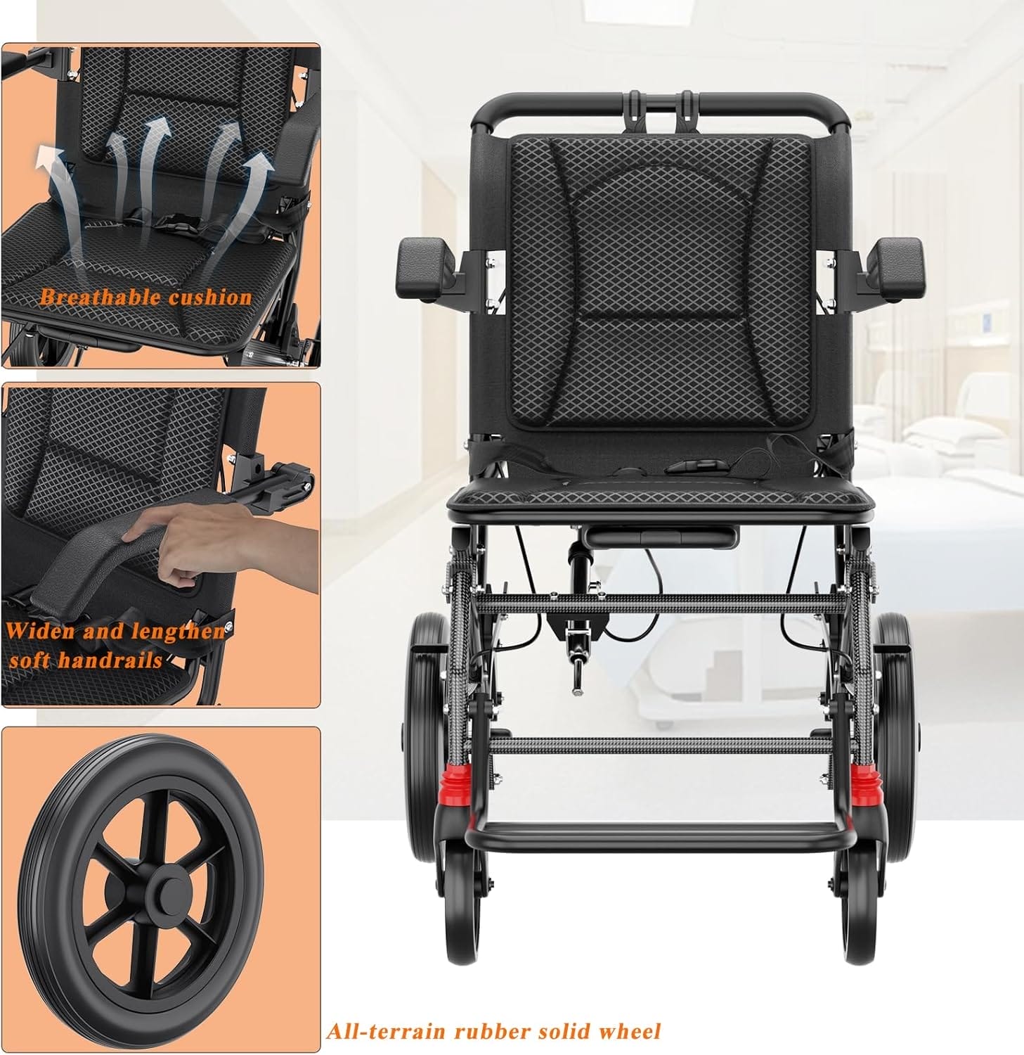 (18" Seat Width) Portable Transport Wheelchair Foldable Lightweight Travel Wheelchair with Telescopic Handle for Senior and Adults with Handbrakes Support 220lbs - Image 2