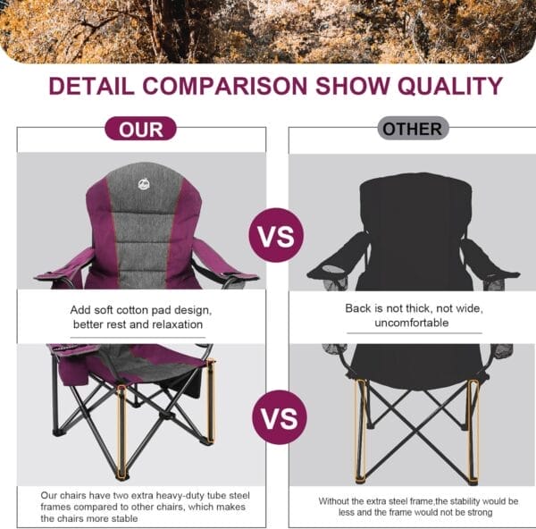 Oversized Portable Camping Chair, Full Padded Outdoor Folding Chair Support 350 LBS, Heavy Duty Lawn Chair with Cup Holder, Cooler Bag, Lumbar Support, Head Pocket for Adult (Purple) - Image 5