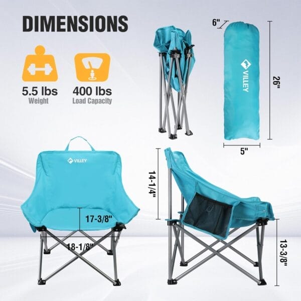 VILLEY Camping Chair Beach Folding Chair, Outdoor Lawn Portable Lightweight Chair, Foldable Chair with Carry Bag, for Outside Hiking, Fishing, Travel, Beach and Sports, Blue - Image 3
