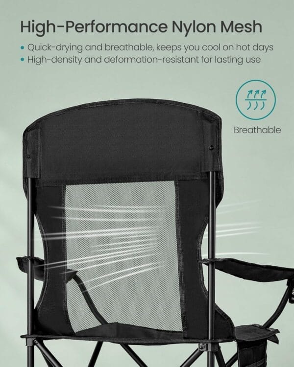 SONGMICS Breathable Camping Chairs, Foldable Outdoor Chairs Set of 2, High Back, Adjustable Armrests, Drink Holder, Weight Capacity 330 lb, for Sports Garden Backyard, Ink Black UGCB028B02 - Image 4