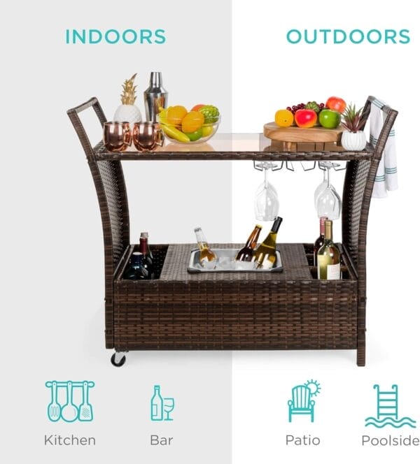 Best Choice Products Outdoor Rolling Wicker Bar Cart w/Removable Ice Bucket, Glass Countertop, Wine Glass Holders, Storage Compartments - Brown - Image 6