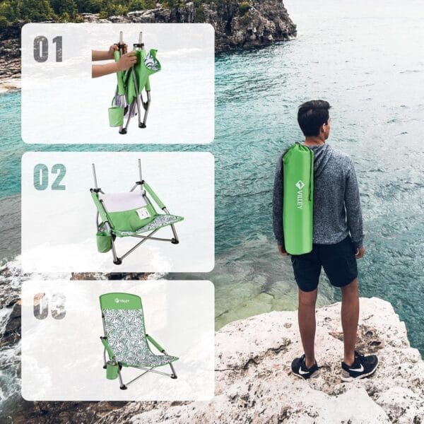 VILLEY Low Beach Chair, High Back Folding Beach Chair for Adults, Lightweight and Portable for Outdoor, Beach, Camping, Lawn, Music Festival, with Cup Holder and Carry Bag-Green Tropical Leaves - Image 7