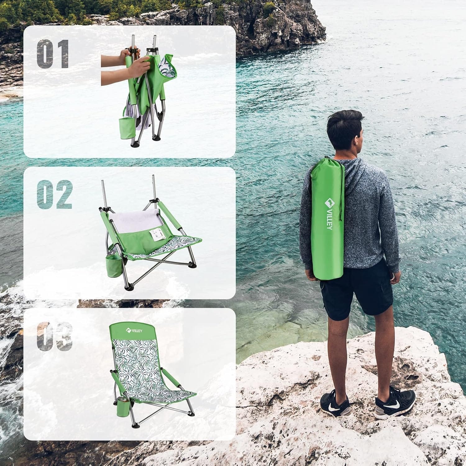 VILLEY Low Beach Chair, High Back Folding Beach Chair for Adults, Lightweight and Portable for Outdoor, Beach, Camping, Lawn, Music Festival, with Cup Holder and Carry Bag-Green Tropical Leaves - Image 7