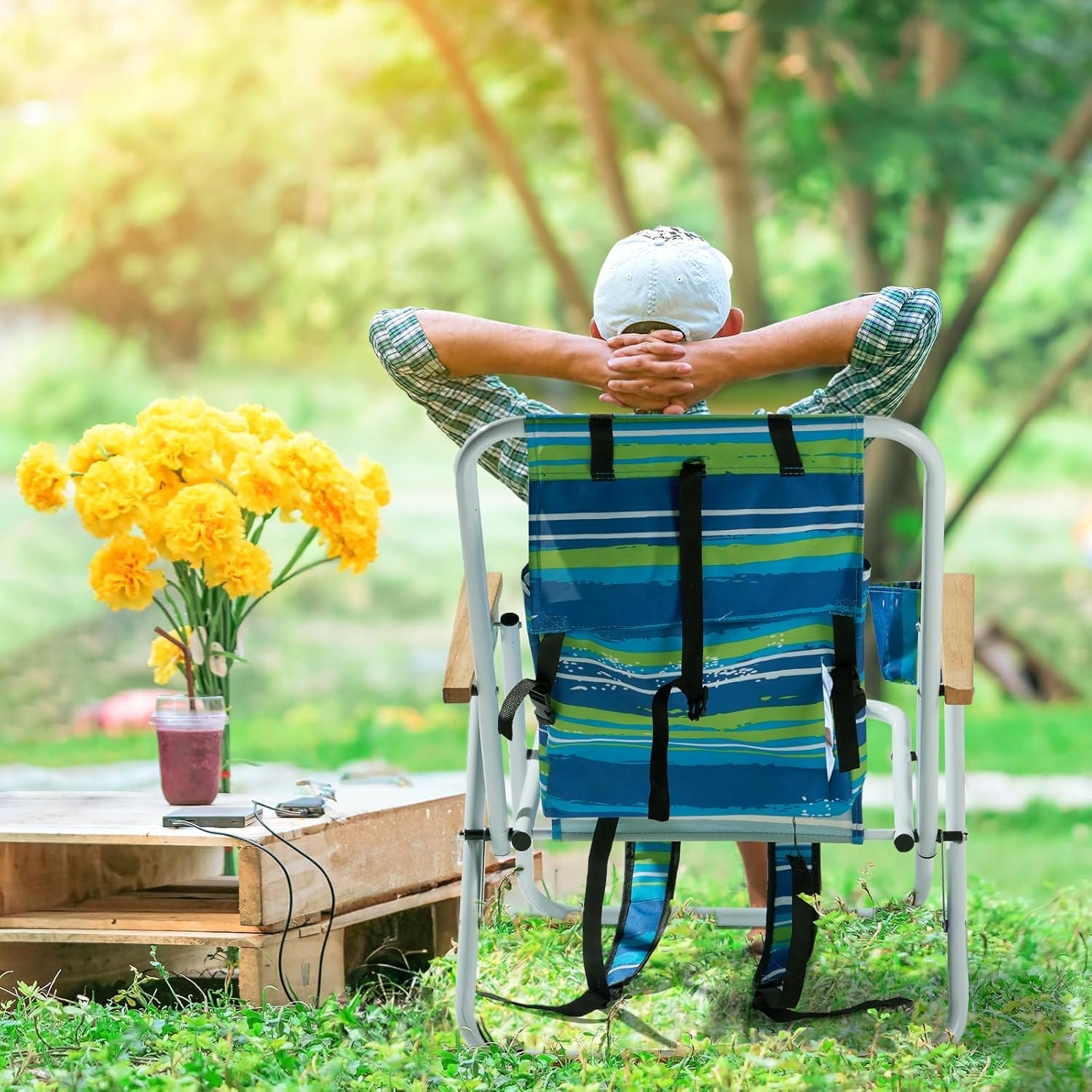 Outvita Folding Beach Chair Adjustable Headrest w/4 Flexible Tilt Angle, Cup Holder Portable High Strength Cleanable Fabric, for Sand Camping Lawn Concert Travel Festival - Image 8