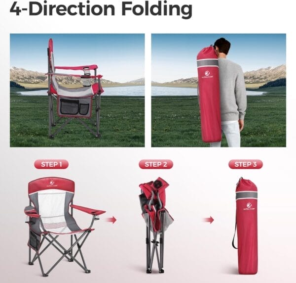 ALPHA CAMP 2PC Oversized Mesh Back Camping Folding Chair Heavy Duty Support 350 LBS Collapsible Steel Frame Quad Chair Padded Arm Chair with Cup Holder Portable for Outdoor (Red-2PC) - Image 8