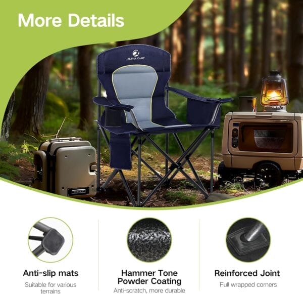 GREEN PARTY Folding Camping Chair Oversized Heavy Duty Lawn Chair with Cooler Bag, Cup Holder, Storage Pocket, Collapsible Padded Outdoor Arm Chair, Quad Lumbar - Image 7
