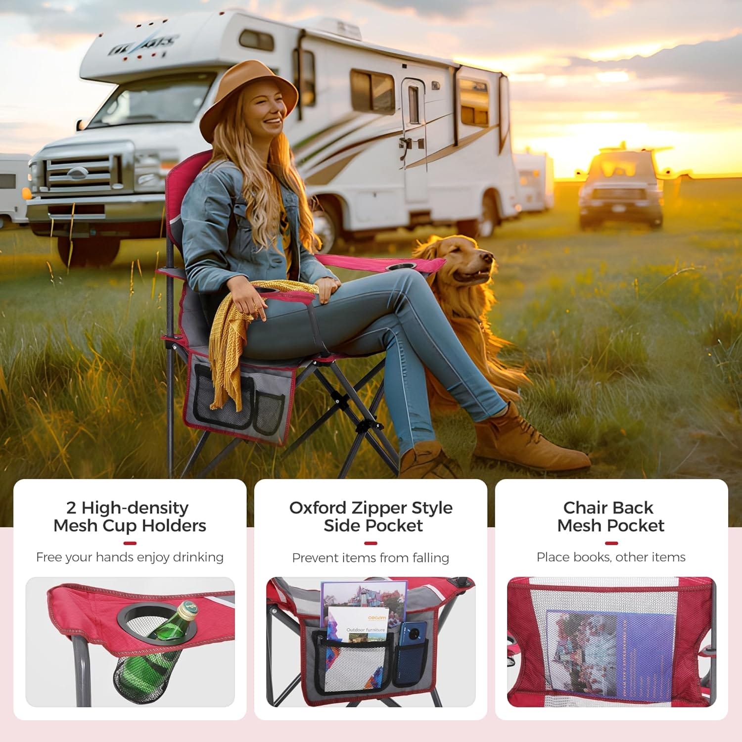 ALPHA CAMP Oversized Mesh Back Camping Folding Chair Heavy Duty Support 350 LBS Collapsible Steel Frame Quad Chair Padded Arm Chair with Cup Holder Portable for Outdoor (Red/Grey) - Image 8