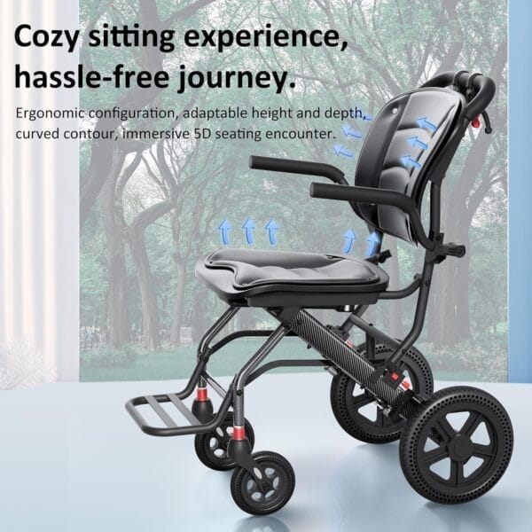 24LBS Lightweight Foldable Transport Wheelchair for Adults & Seniors Portable Aluminum Travel Chair with Handbrake 9" Honeycomb Tires Compact Wheelchair Holds 220 LBS, Black, 15.6" Seat Width - Image 2