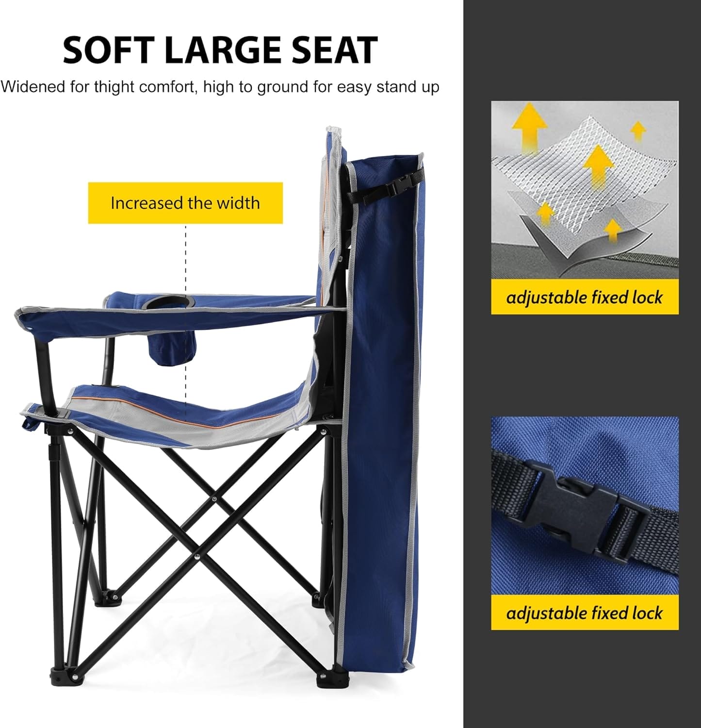 FAIR WIND Oversized Camping Lounge Chair with Adjustable Shade Canopy, Heavy Duty Quad Fold Chair Arm Chair - Support 350 LBS(Blue Grey) - Image 3