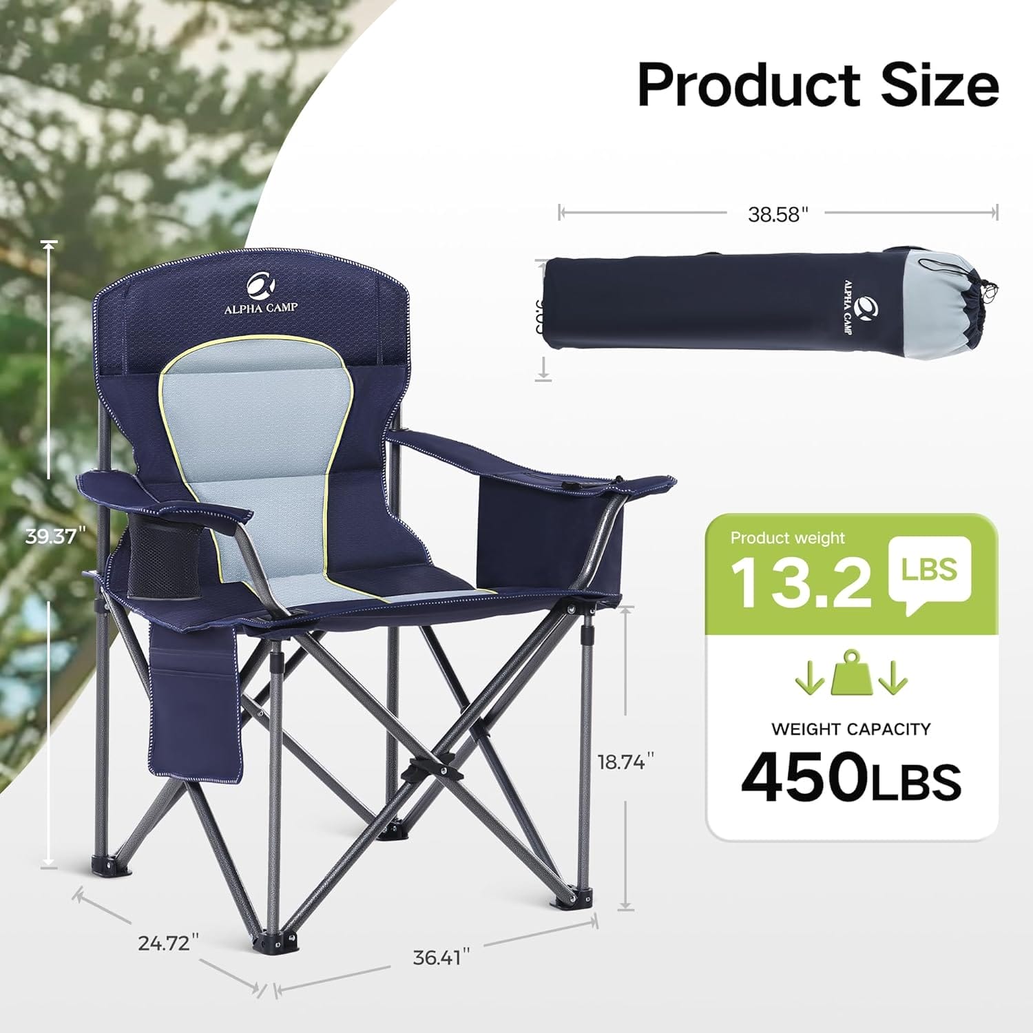 GREEN PARTY Folding Camping Chair Oversized Heavy Duty Lawn Chair with Cooler Bag, Cup Holder, Storage Pocket, Collapsible Padded Outdoor Arm Chair, Quad Lumbar - Image 2