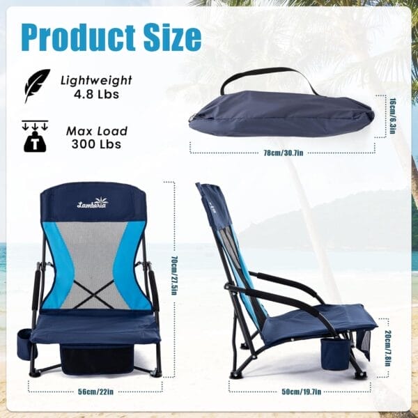 Lamberia Folding Beach Chair for Adults 2 Pack, Portable Low Beach Chairs with 300lbs Capacity, Lightweight Fodable Camping Chair for Travel, Picnic, Concert & Outdoor Activities, Navy Blue - Image 3