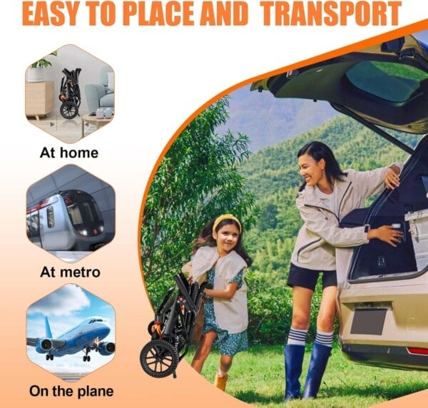 20LBS Lightweight Foldable Transport Wheelchair for Adults - Carbon Fiber Coating, 10” Honeycomb Wheels, 220LBS Capacity, Pull Rod, 16.2” Seat, Portable for Travel & Daily Use - Image 8