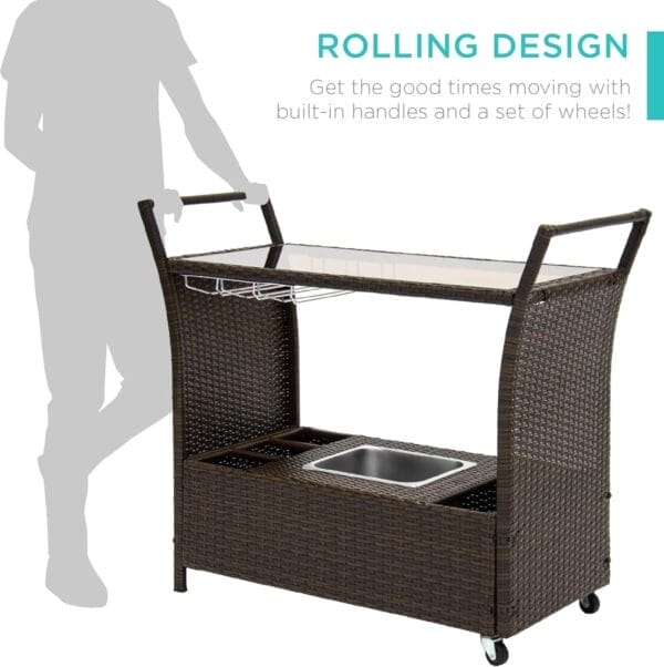 Best Choice Products Outdoor Rolling Wicker Bar Cart w/Removable Ice Bucket, Glass Countertop, Wine Glass Holders, Storage Compartments - Brown - Image 4