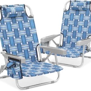 MoNiBloom Low Profile Seat Lightweight Portable Folding Beach Chair with Cup Holder Cooler Bag Heavy-Duty Outdoor Lawn Concert Travel Picnic Hiking Camping Sand Chair for Adults (Blue Stripes, 2-Pack)