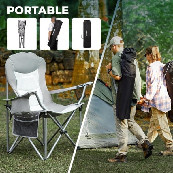 FUNDANGO Folding Camping Chair Heavy Duty, Oversized 440 Lbs Support Outdoor Camp Chairs with Lumbar Support & Cooler Pocket for Fishing Backyard Sports Beach Garden (Grey) - Image 6