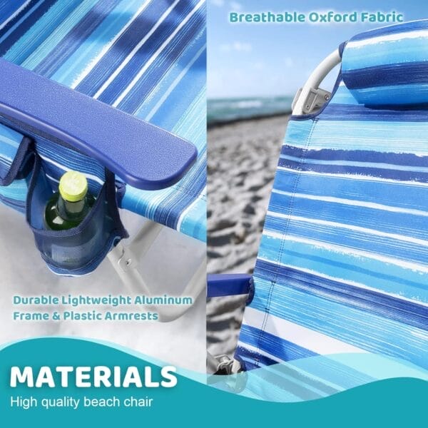 LEMBERI Backpack Beach Chairs for Adults,1/2 Pack Folding Heavy Duty Camping Chair with Large Pockets and Cup Holder,Adjustable high Beach Lounge Chairs with Towel Rack for Outdoor,Travel (1, Blue) - Image 5