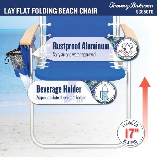 Tommy Bahama Hi-Boy 17" Seat Height 4-Position Lace-Up Suspension Folding Beach Backpack Chair, 1-Pack, Green and Blue Stripe - Image 5