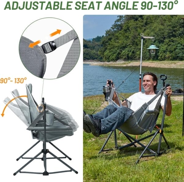 TIMBER RIDGE Hammock Camping Chair with Adjustable Backrest, Heavy Duty Folding Hammock Chair Supports 300lbs, Portable Hammock Chair for Camping, Travelling and Patio, Grey - Image 6